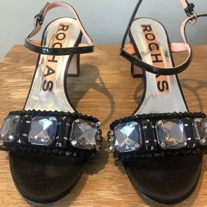 Rochas Black Suede Slingback Sandals, Size 7.5